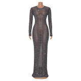 Sexy Mesh See-Through Hot Drilling Maxi Dress GOSD-6684