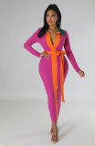 Color Matching Lapel Long Dress(With Waist Belt) XHXF-327