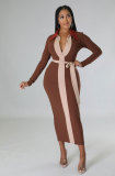 Color Matching Lapel Long Dress(With Waist Belt) XHXF-327