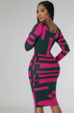 Fashion Print Long Sleeve Slim Midi Dress XHXF-323