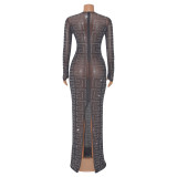 Sexy Mesh See-Through Hot Drilling Maxi Dress GOSD-6684