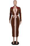 Color Matching Lapel Long Dress(With Waist Belt) XHXF-327