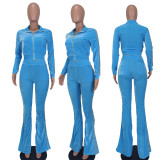 Casual Velvet Zipper Top Wide Leg Pants Two Piece Set YD-8656