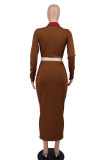 Color Matching Lapel Long Dress(With Waist Belt) XHXF-327
