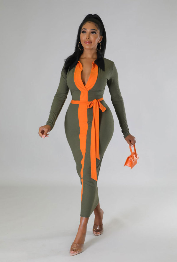 Color Matching Lapel Long Dress(With Waist Belt) XHXF-327