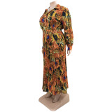 Plus Size Casual Print Top And Ruched Big Swing Skirt Suits OSIF-22516