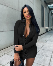 Solid Rib Single-Breasted Ruched MIni Dress ME-Y931