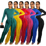 Casual Solid Long Sleeve Bodysuit+Tassel Lace Pants Sports Suits AIL-223