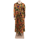 Plus Size Casual Print Top And Ruched Big Swing Skirt Suits OSIF-22516