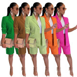 Fashion Solid Long Sleeve Blazer And Shorts Two Piece Set AIL-205