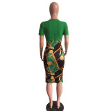 Fashion Printed Zipper Short Sleeve Tight Midi Dress XMY-9121