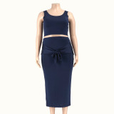 Plus Size Solid Color Tight Tank Top And Skirts Two Piece Set OSIF-19316