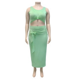 Plus Size Solid Color Tight Tank Top And Skirts Two Piece Set OSIF-19316