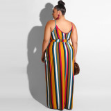 Plus Size Striped Loose Sling Maxi Dress With Belt OSIF-19258