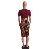 Fashion Printed Zipper Short Sleeve Tight Midi Dress XMY-9121