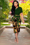 Fashion Printed Zipper Short Sleeve Tight Midi Dress XMY-9121