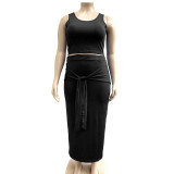 Plus Size Solid Color Tight Tank Top And Skirts Two Piece Set OSIF-19316