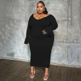 Plus Size Fahion Solid Color Flare Sleeve Long Dress NNWF-7716