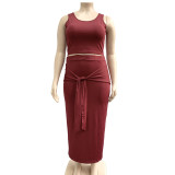 Plus Size Solid Color Tight Tank Top And Skirts Two Piece Set OSIF-19316
