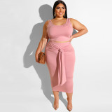 Plus Size Solid Color Tight Tank Top And Skirts Two Piece Set OSIF-19316
