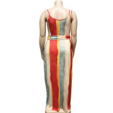Plus Size Striped Loose Sling Maxi Dress With Belt OSIF-19258