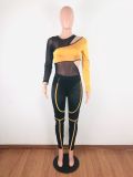 Mesh Splice Bodysuits And Pants Two Piece Set LA-3168