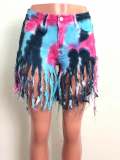 Tassel Tie Dye Denim Shorts OSM-5316