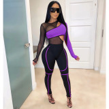 Mesh Splice Bodysuits And Pants Two Piece Set LA-3168
