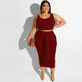 Plus Size Solid Color Tight Tank Top And Skirts Two Piece Set OSIF-19316
