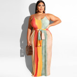 Plus Size Striped Loose Sling Maxi Dress With Belt OSIF-19258