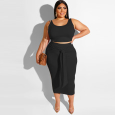 Plus Size Solid Color Tight Tank Top And Skirts Two Piece Set OSIF-19316