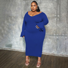 Plus Size Fahion Solid Color Flare Sleeve Long Dress NNWF-7716