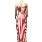 Plus Size Striped Loose Sling Maxi Dress With Belt OSIF-19258