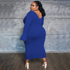 Plus Size Fahion Solid Color Flare Sleeve Long Dress NNWF-7716