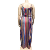 Plus Size Striped Loose Sling Maxi Dress With Belt OSIF-19258