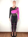 Mesh Splice Bodysuits And Pants Two Piece Set LA-3168