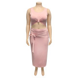 Plus Size Solid Color Tight Tank Top And Skirts Two Piece Set OSIF-19316
