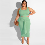 Plus Size Solid Color Tight Tank Top And Skirts Two Piece Set OSIF-19316