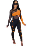 Mesh Splice Bodysuits And Pants Two Piece Set LA-3168