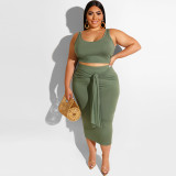 Plus Size Solid Color Tight Tank Top And Skirts Two Piece Set OSIF-19316