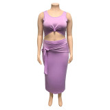 Plus Size Solid Color Tight Tank Top And Skirts Two Piece Set OSIF-19316