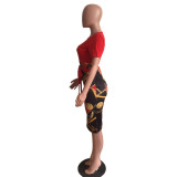 Fashion Printed Zipper Short Sleeve Tight Midi Dress XMY-9121