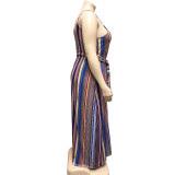 Plus Size Striped Loose Sling Maxi Dress With Belt OSIF-19258