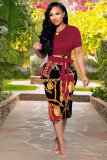 Fashion Printed Zipper Short Sleeve Tight Midi Dress XMY-9121