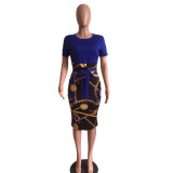 Fashion Printed Zipper Short Sleeve Tight Midi Dress XMY-9121