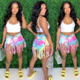 Tassel Tie Dye Denim Shorts OSM-5316