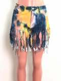 Tassel Tie Dye Denim Shorts OSM-5316