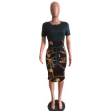 Fashion Printed Zipper Short Sleeve Tight Midi Dress XMY-9121