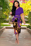 Fashion Printed Zipper Short Sleeve Tight Midi Dress XMY-9121