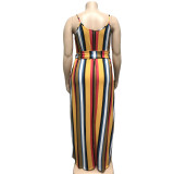 Plus Size Striped Loose Sling Maxi Dress With Belt OSIF-19258